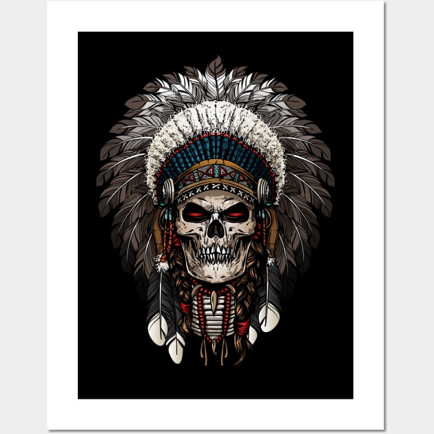 Ancient Indian Chief Skull with feathers Wall Art by Eskitus Fashion